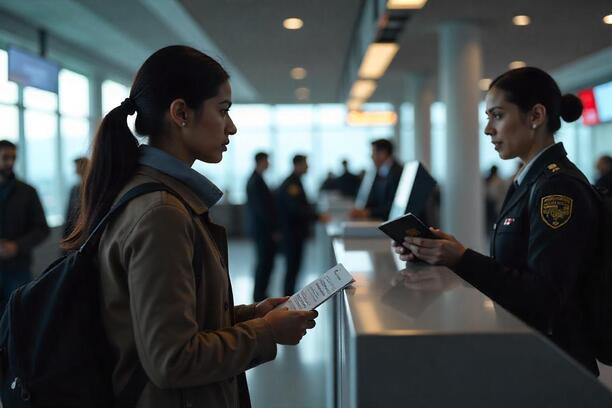 Woman showing PR card to Re-enter Canada at airport