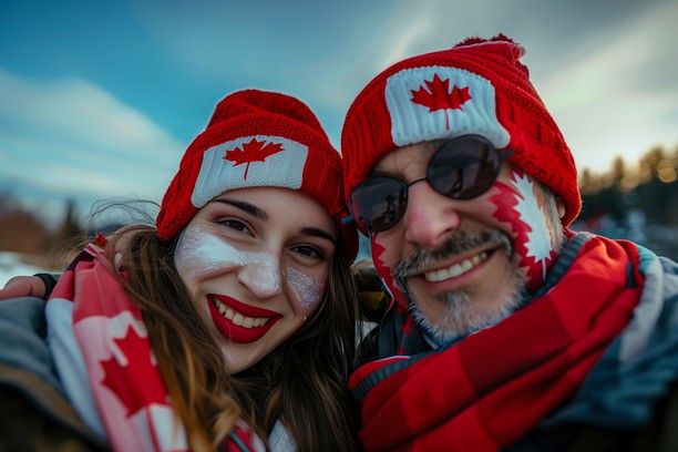 Two happy people in Canada hats and face paint.