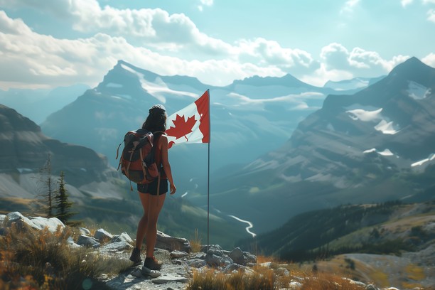 Female hiker with Canadian flag on a mountain.