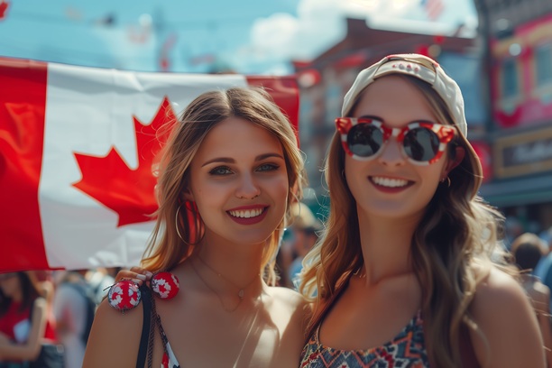 Two women celebrate Canada Day with Canadian flag