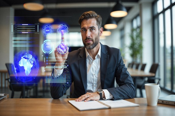 Businessman using futuristic digital interface screen