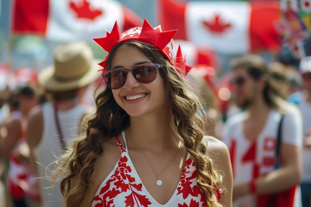 Smiling woman celebrates Canada Day with maple leaf crown