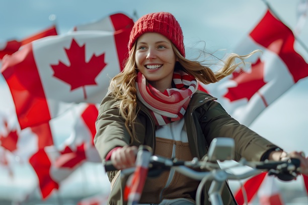 Young woman biking with multiple Canadian flags waving