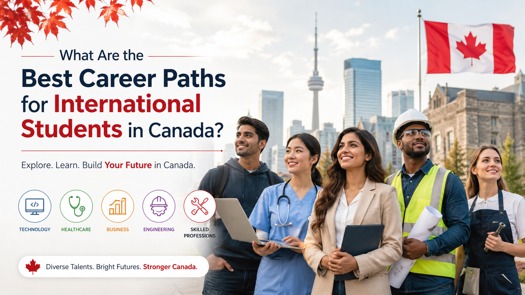 A diverse group of international students and recent graduates standing confidently in a Canadian city campus setting with skyscrapers and a Canadian flag in the background. Icons at the bottom represent career paths in technology, healthcare, business, engineering, and skilled professions. The image includes the blog title: "What Are the Best Career Paths for International Students in Canada?"
